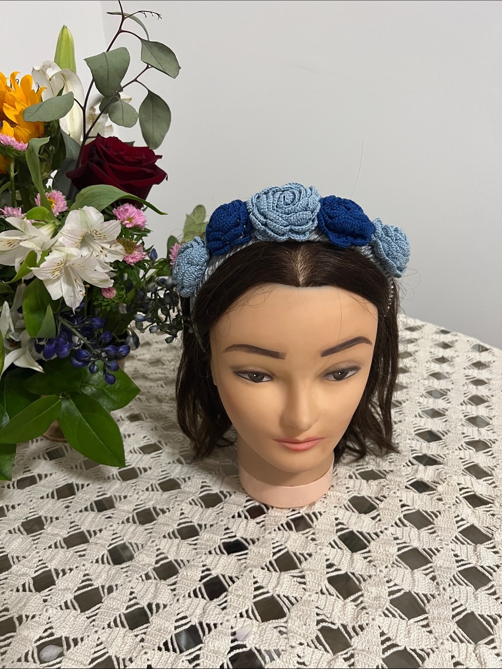 Blue Crochet Rose Headband - Feminine Floral Hair Accessory